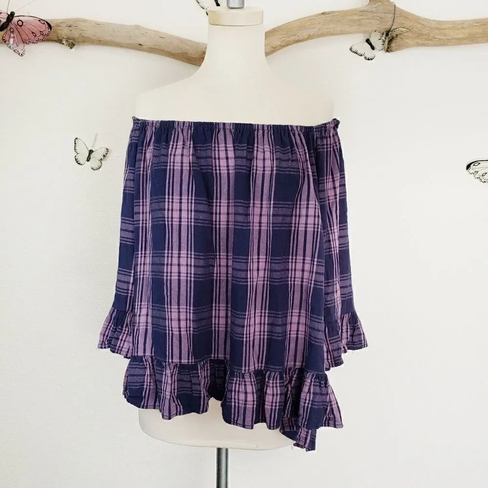 Beachlunchlounge off shoulder plaid ruffle top